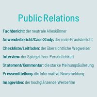 Public-Relations-Formate: Fachbericht, Anwenderbericht bzw. Case Study, Checkliste bzw. Leitfaden, Interview, Statement bzw. Kommentar, Pressemitteilung, Imagevideo